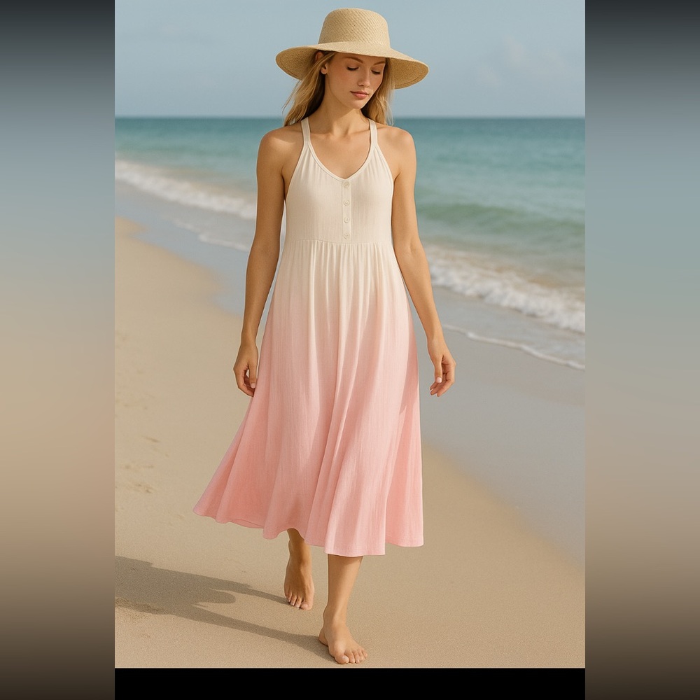 Pink and White Halter Dress halter or straps - ptp - 23 - 23.5 waist 19.5” L 48”